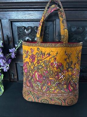 Vintage Valdrome Quilted Floral Tote Bag in Mustard Yellow